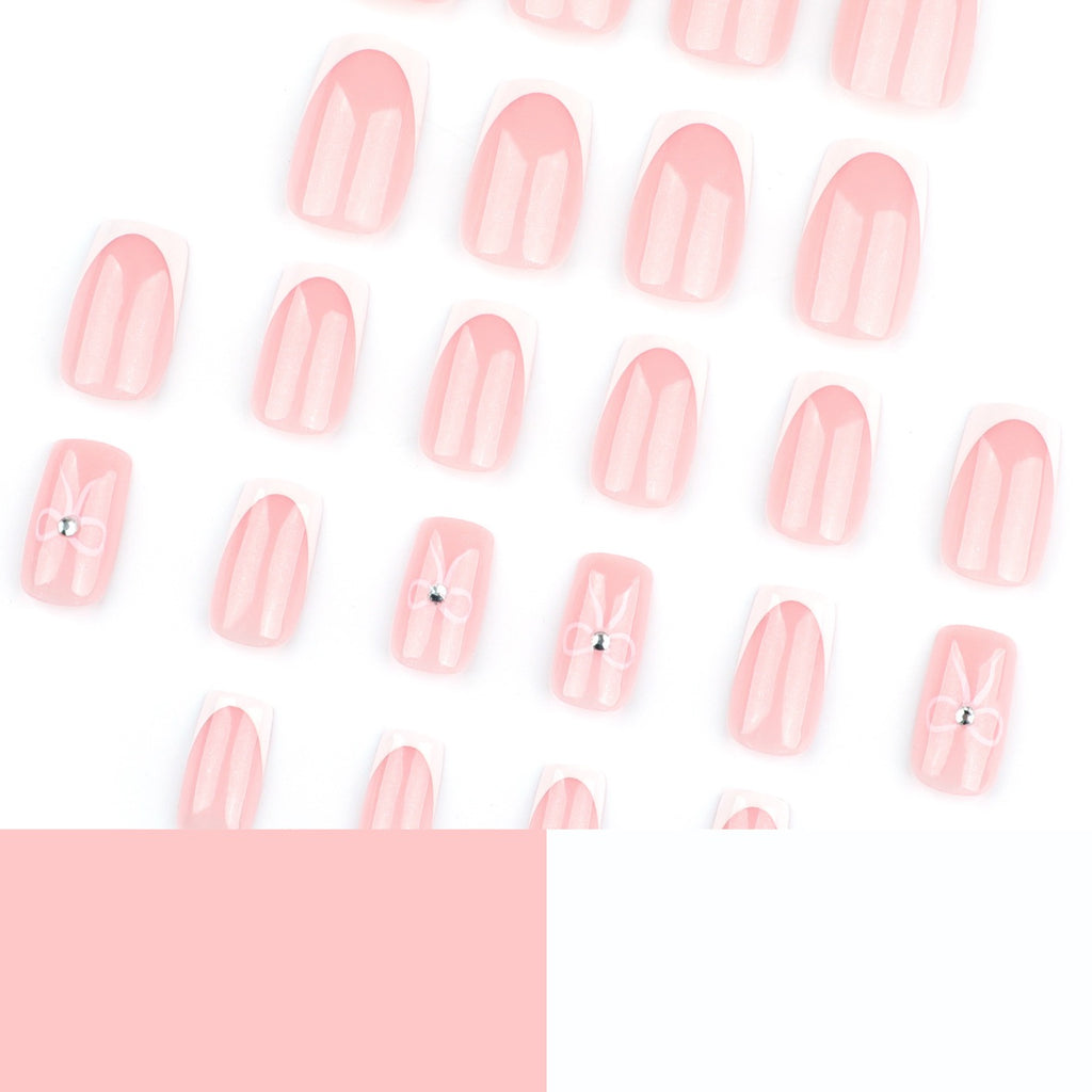 Coquette French Bow Press-On Nails | Handmade Pink French Tip Coffin Nails | Reusable Glossy Luxury Nail Set