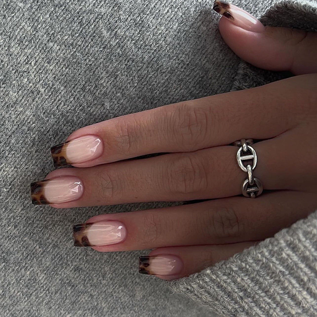 Tortoise French Press On Nails | Luxury Nude Gel Short Almond Fake Nails
