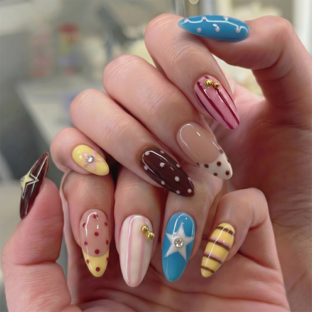 Sweet Starry Dream Press On Nails | Pastel Y2K Gel Nail Set with Cute Polka Dot & Star Design
