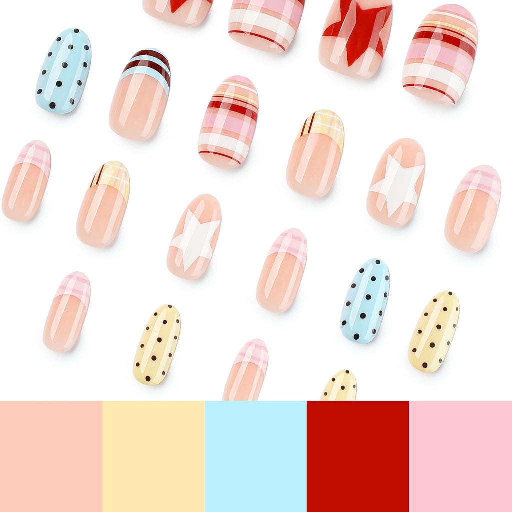 Pastel Candy Press On Nails | Cute Handmade Gel False Nails with French Tips, Stars & Polka Dot Design