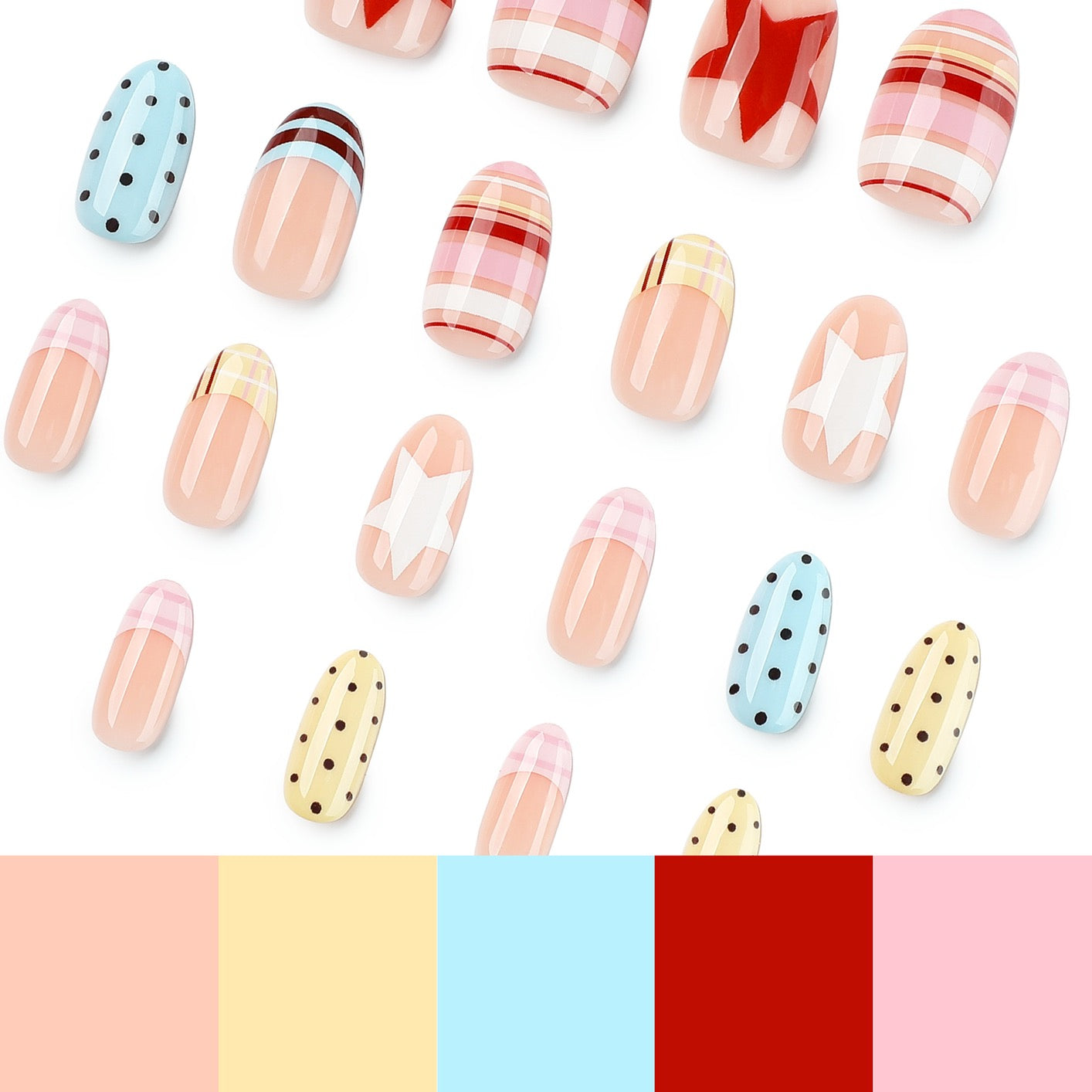 Pastel Candy Press On Nails | Cute Handmade Gel False Nails with French Tips, Stars & Polka Dot Design