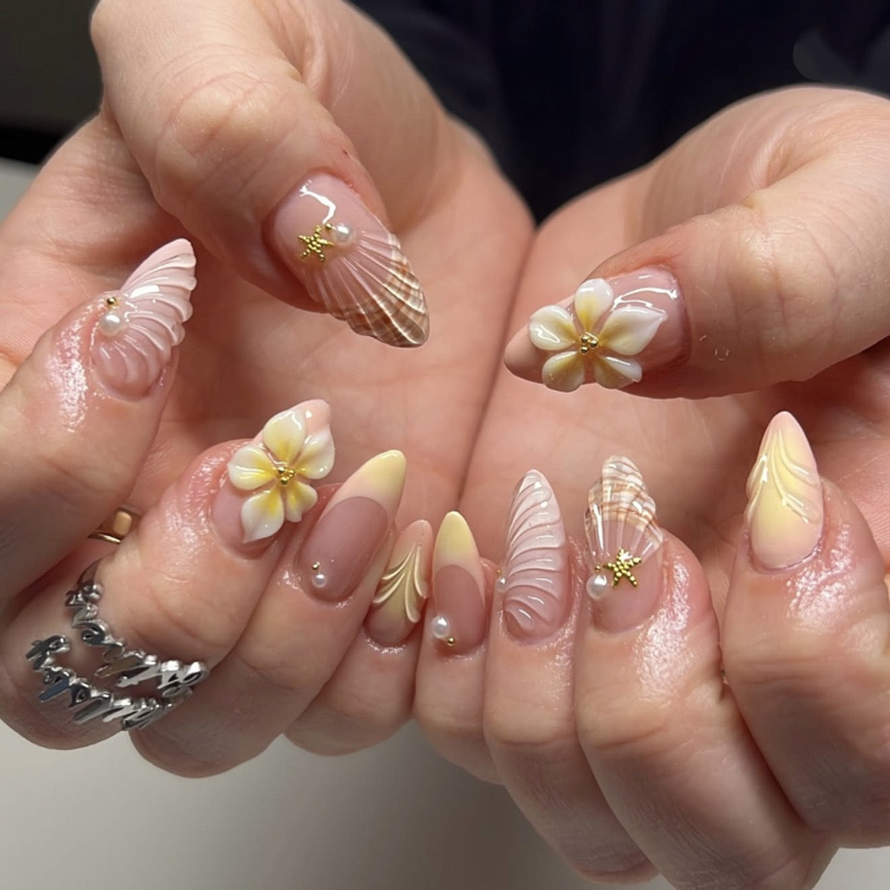 Beach Shell 3D Flower Press-On Nails | Handmade Luxury Nude Almond Fake Nails | Reusable Summer Coastal Nail Set