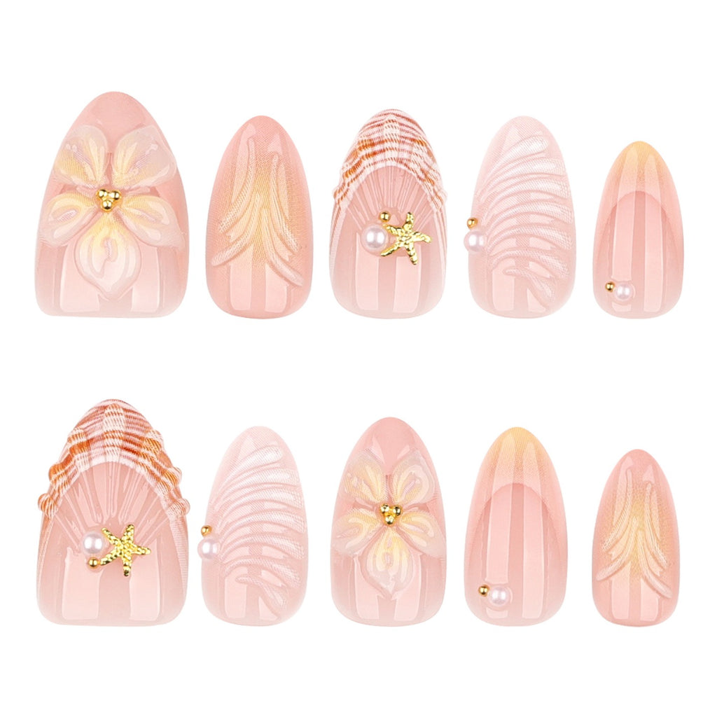 Beach Shell 3D Flower Press-On Nails | Handmade Luxury Nude Almond Fake Nails | Reusable Summer Coastal Nail Set