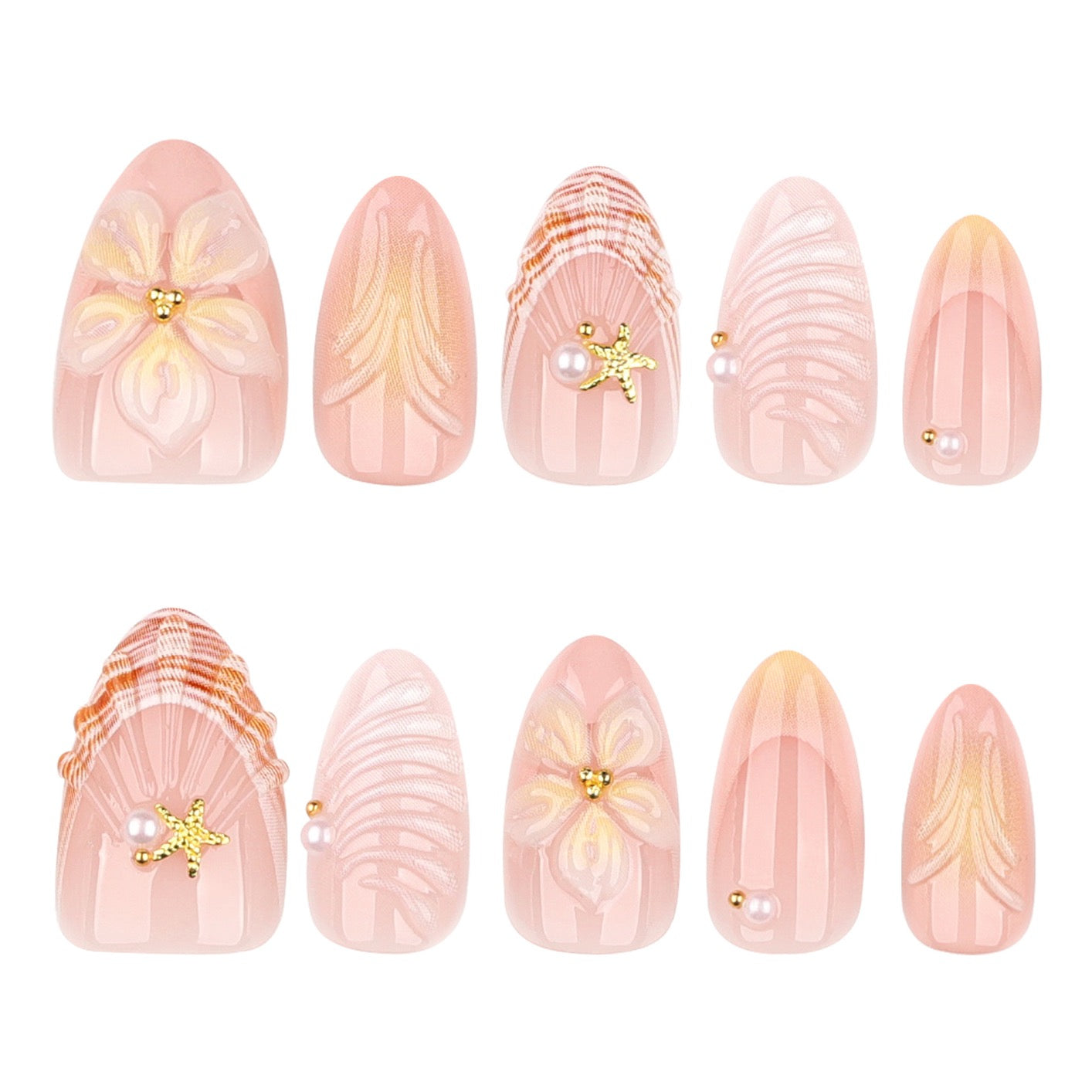 Beach Shell 3D Flower Press-On Nails | Handmade Luxury Nude Almond Fake Nails | Reusable Summer Coastal Nail Set