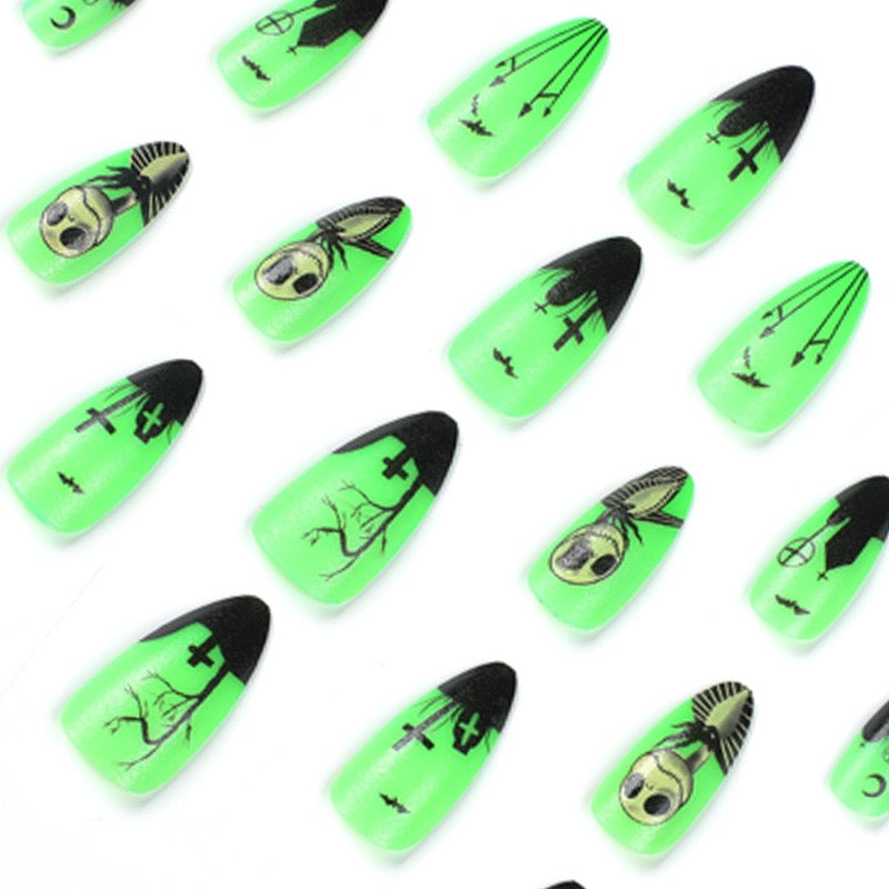 Toxic Glow Gothic Press On Nails | Neon Green Halloween Stiletto False Nails