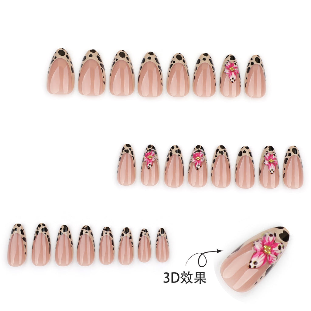 Leopard French Tip Press On Nails with 3D Pink Flowers | Glossy Almond Reusable False Nails