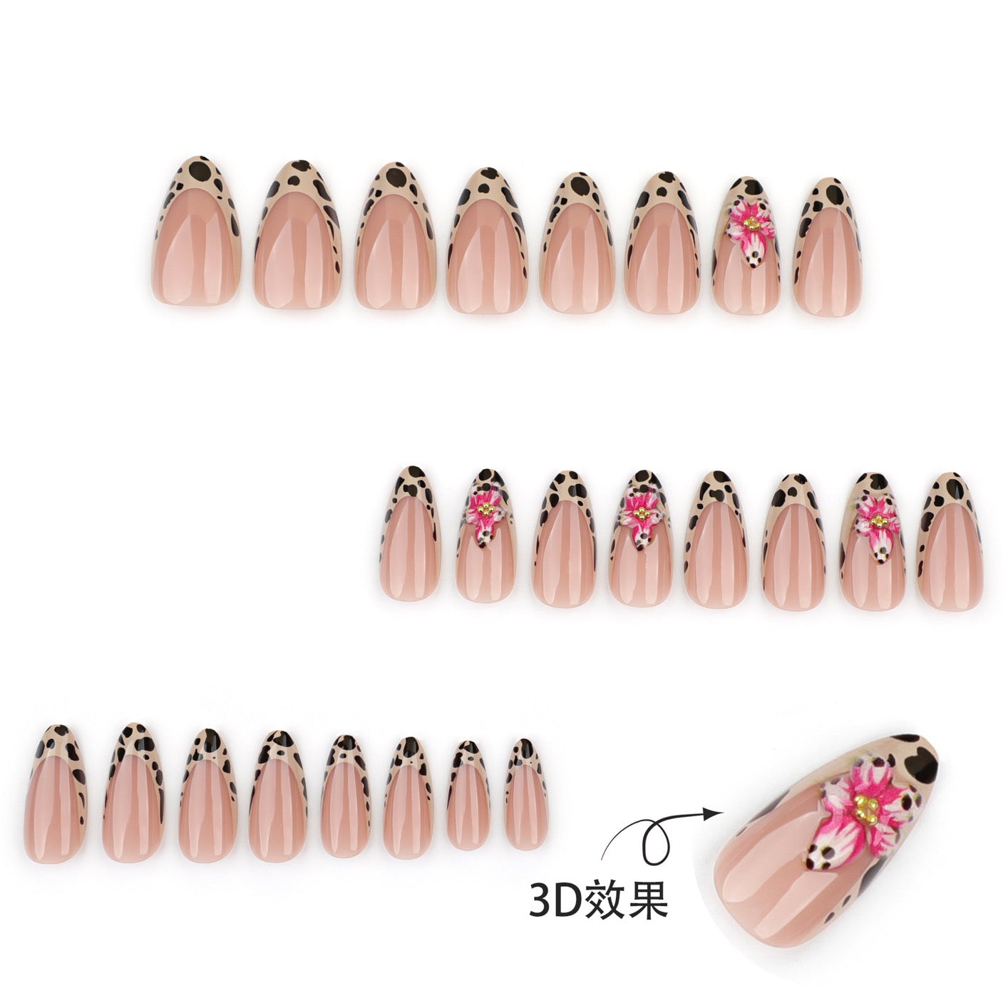 Leopard French Tip Press On Nails with 3D Pink Flowers | Glossy Almond Reusable False Nails