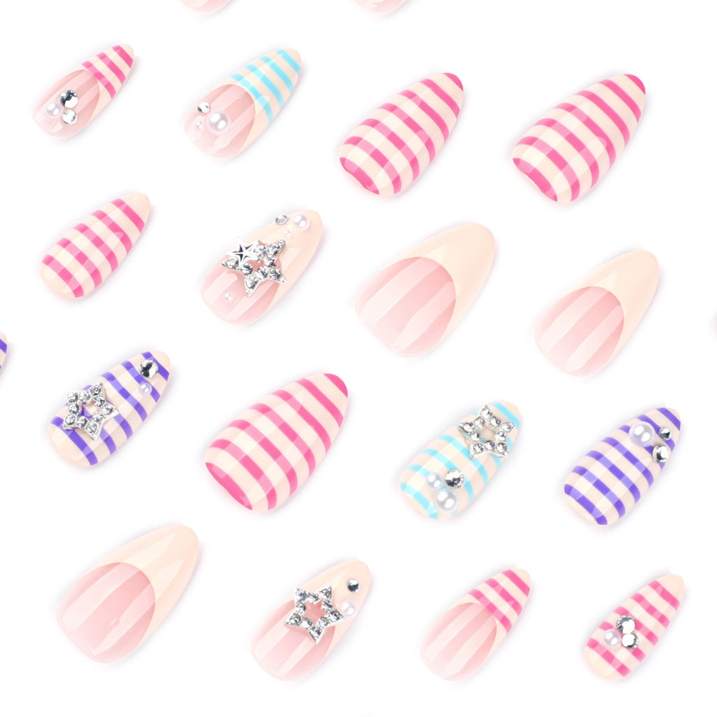 Dreamy Starfish Pearl Press On Nails | Pastel Striped Handmade Gel Nails | Y2K Vacation Nail Set