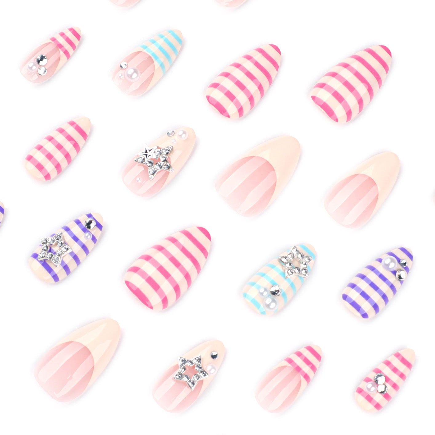 Dreamy Starfish Pearl Press On Nails | Pastel Striped Handmade Gel Nails | Y2K Vacation Nail Set