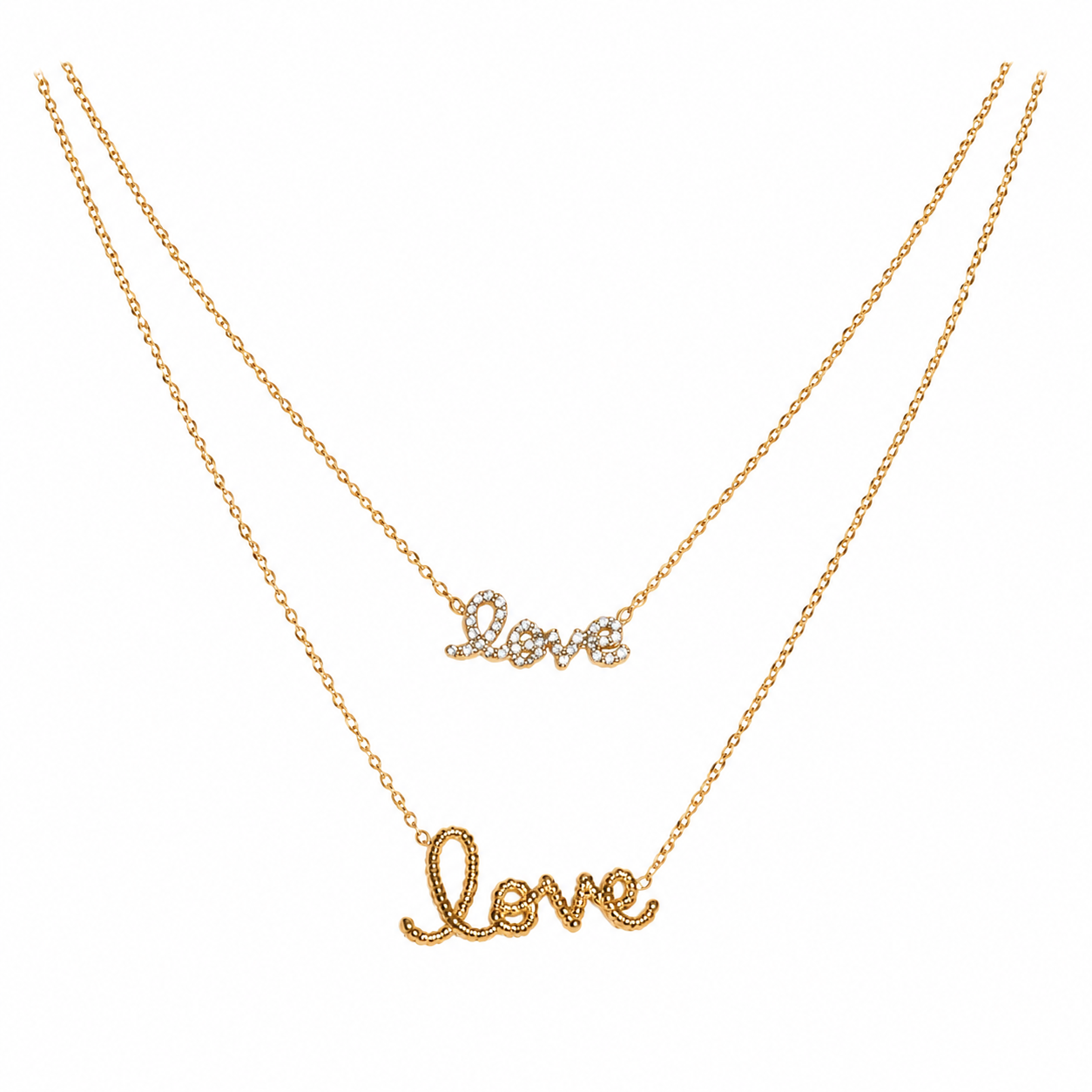Gold Love Layered Necklace Set – Dainty Crystal Love Pendant & Script Necklace for Women