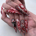 Crimson Blood Charm Gothic Press On Nails – Luxury Red & White Stiletto 3D Nail Set