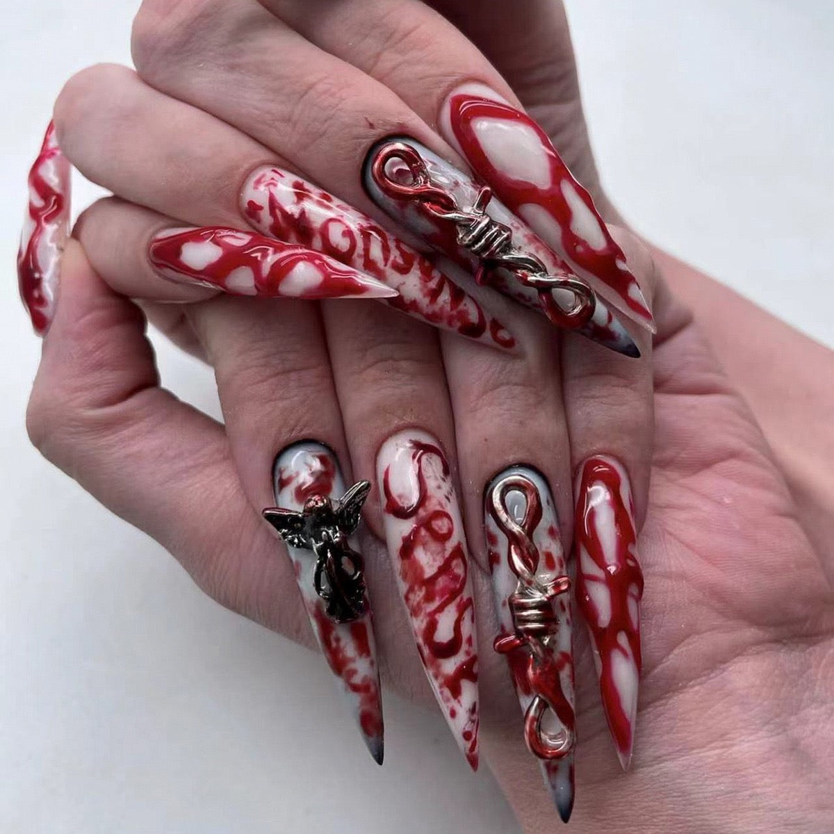 Crimson Blood Charm Gothic Press On Nails – Luxury Red & White Stiletto 3D Nail Set