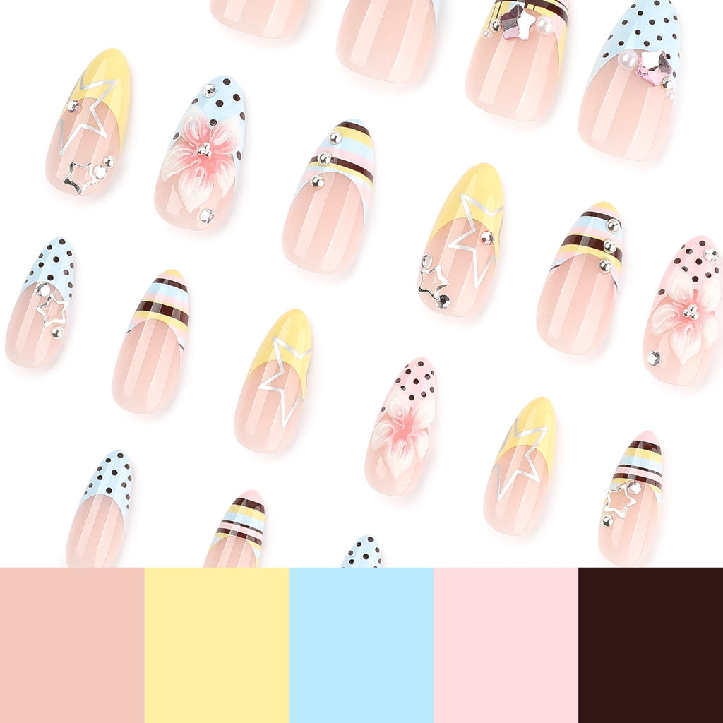 Luxury Floral French Press On Nails | Handmade Gel False Nails with 3D Flowers & Crystal Charms