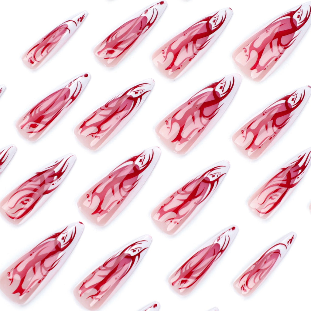 Blood Rose Gothic Press On Nails | Red & White Stiletto Vampirecore False Nails