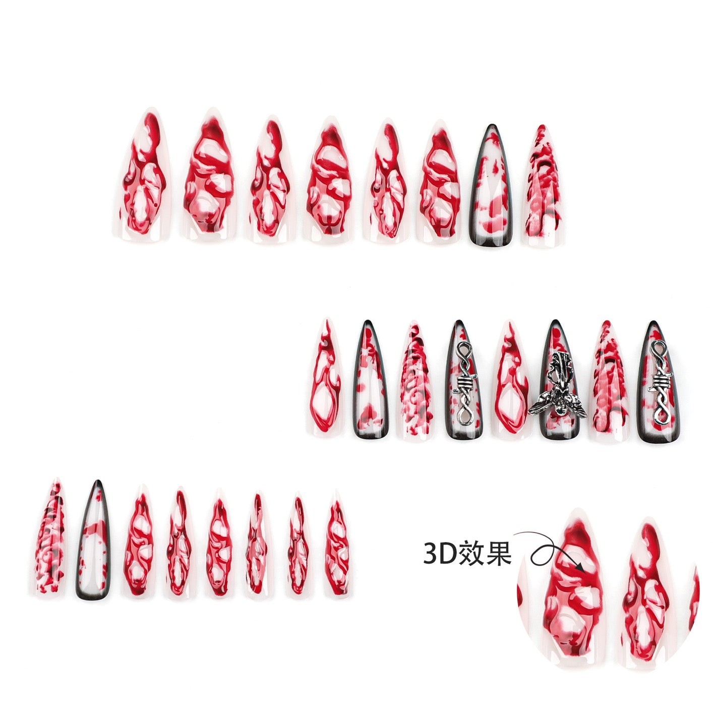Crimson Blood Charm Gothic Press On Nails – Luxury Red & White Stiletto 3D Nail Set