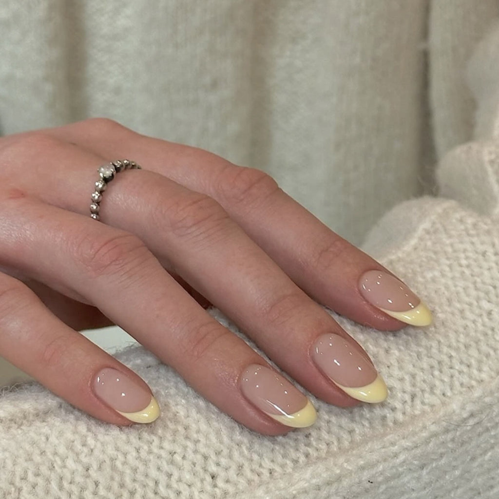 Butter Yellow French Press On Nails | Nude Gel Short Almond Fake Nails