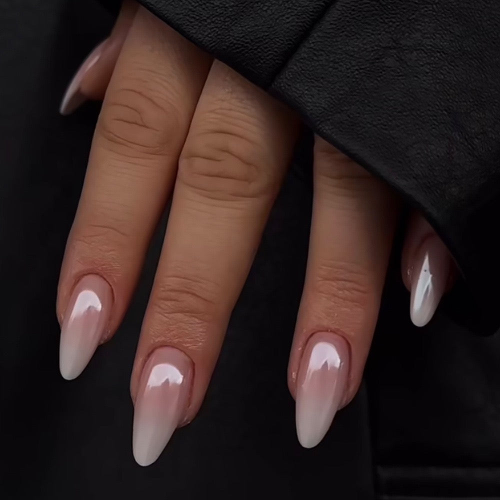 Milky White Ombre Almond Press On Nails | Luxury Glossy Gel Fake Nails