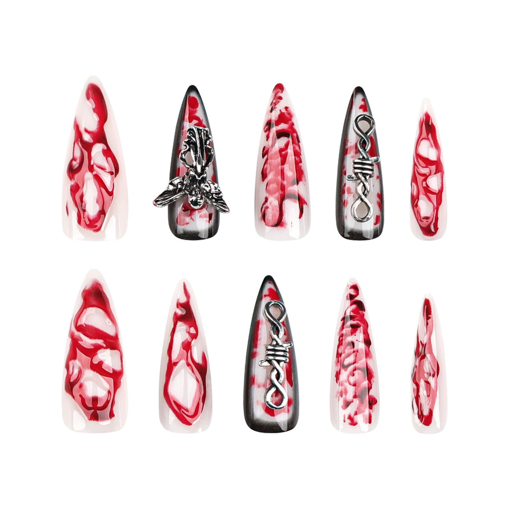 Crimson Blood Charm Gothic Press On Nails – Luxury Red & White Stiletto 3D Nail Set