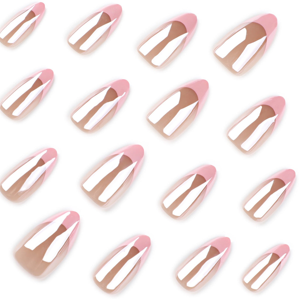 Glazed French Press-On Nails | Handmade Milky Pink Chrome Almond Nails | Luxury Reusable Glossy Nail Set