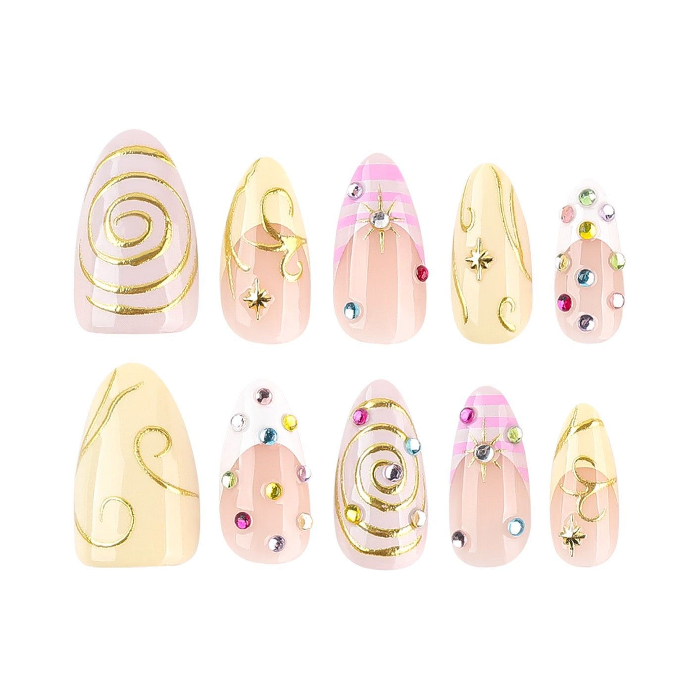 Dreamy Pastel Star Press On Nails – Handmade Pink & Yellow Kawaii Nail Set with Rhinestones