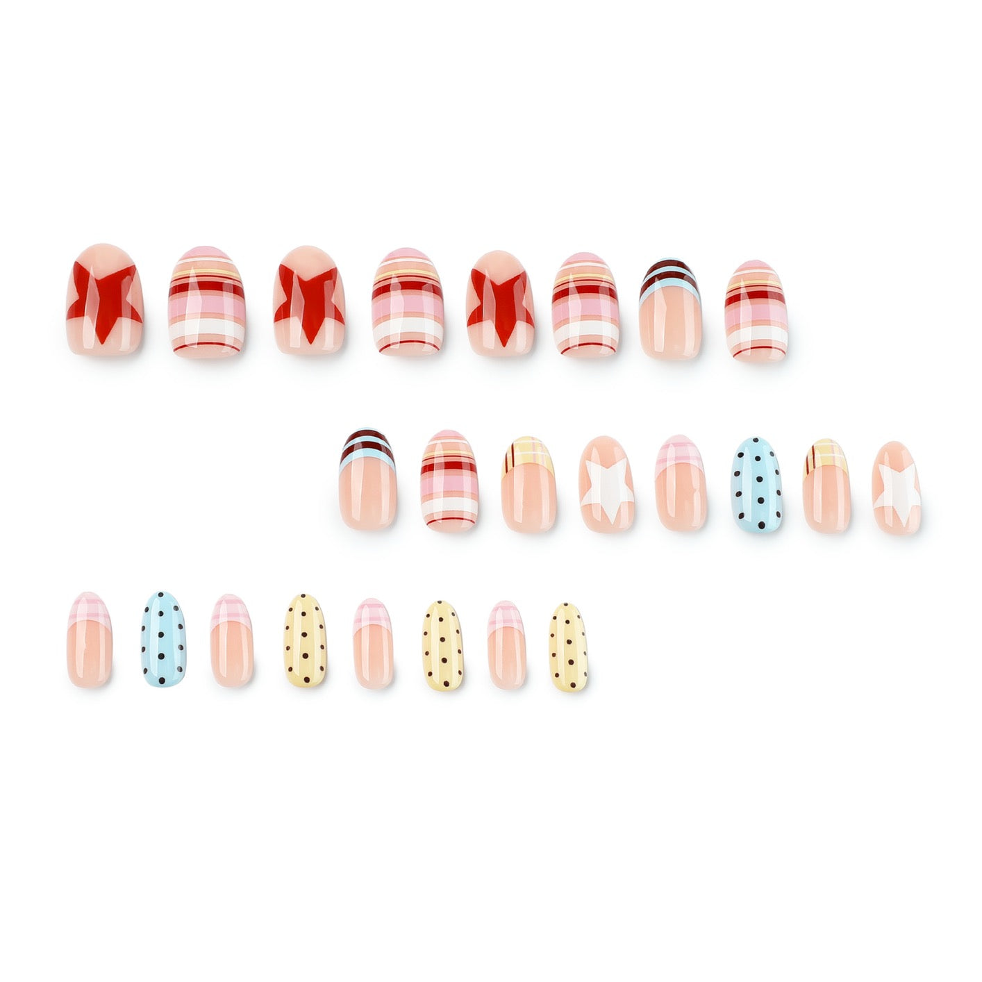 Pastel Candy Press On Nails | Cute Handmade Gel False Nails with French Tips, Stars & Polka Dot Design