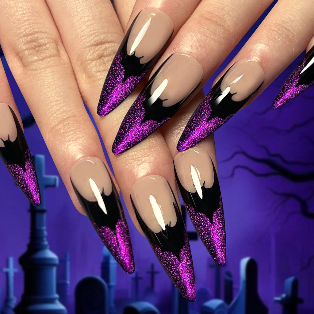 Purple Bat Gothic Press On Nails – Luxury Glitter Stiletto Halloween Fake Nail Set