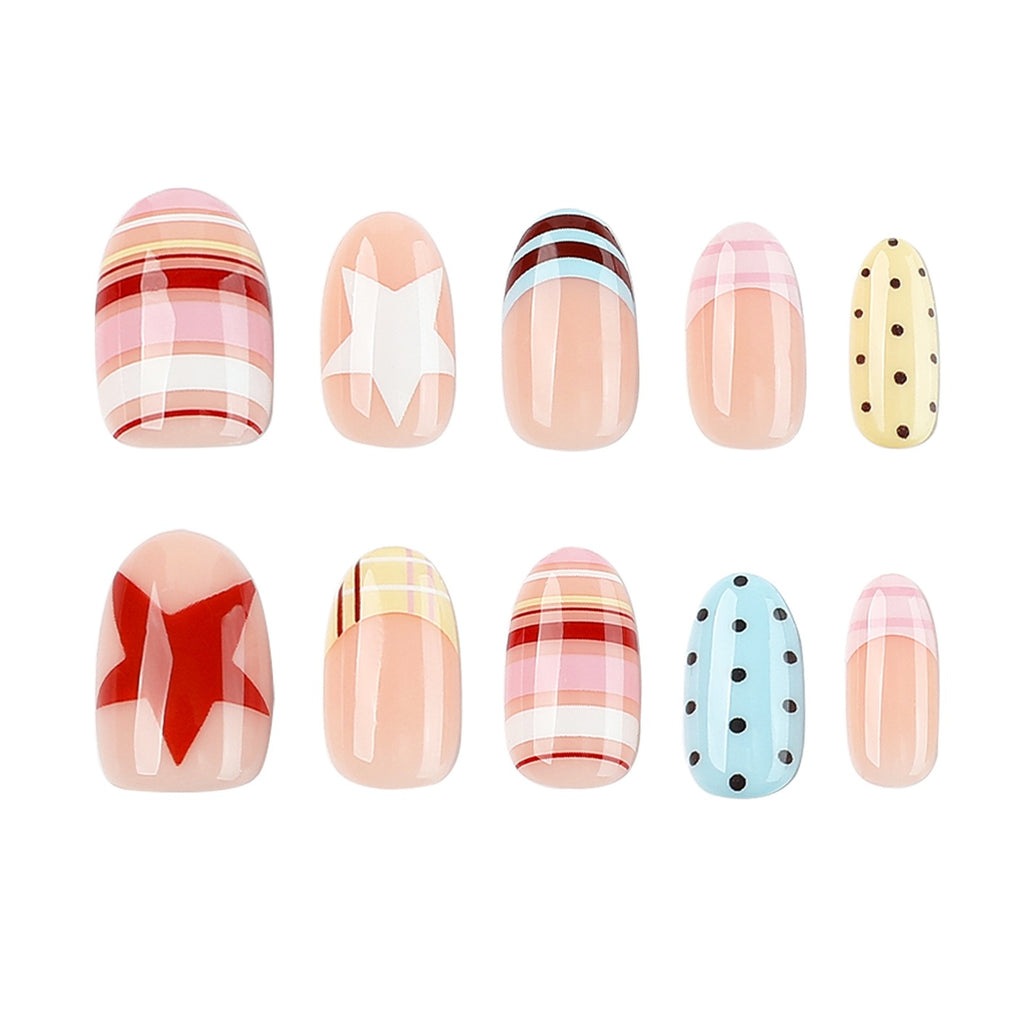 Pastel Candy Press On Nails | Cute Handmade Gel False Nails with French Tips, Stars & Polka Dot Design