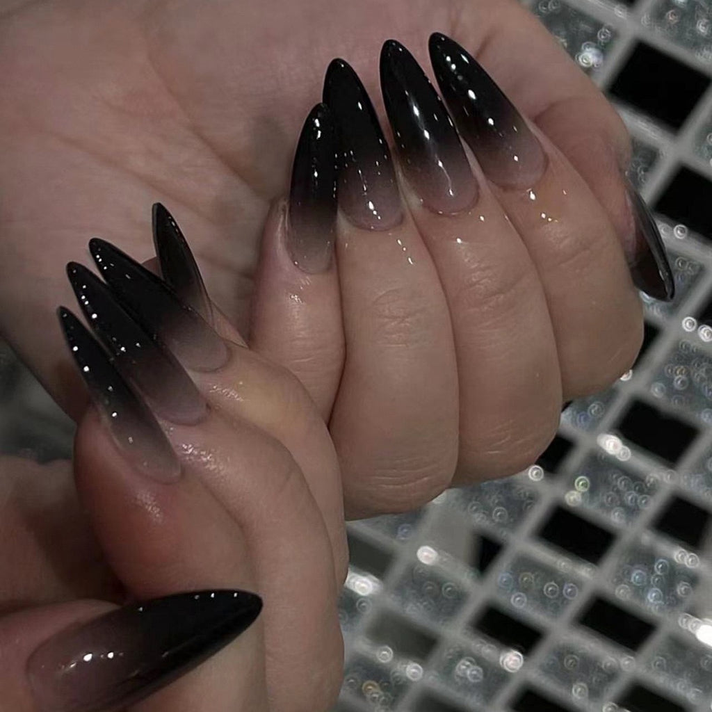 Midnight Shadow Gothic Press On Nails – Black Gradient Stiletto Luxury Fake Nail Set
