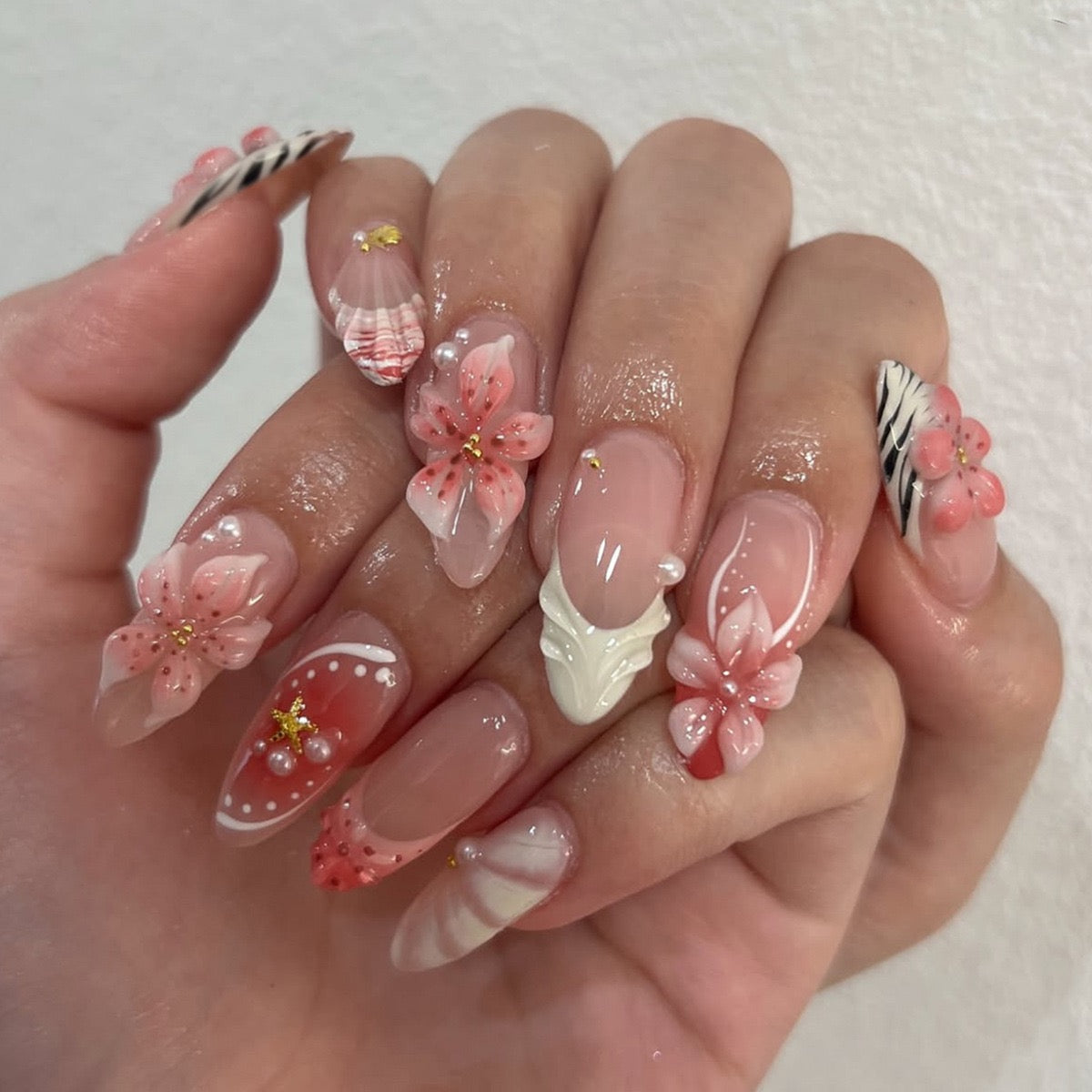 Cherry Blossom Beach Press-On Nails | Handmade 3D Floral Shell Almond Nails | Luxury Reusable Pink Vacation Nail Set