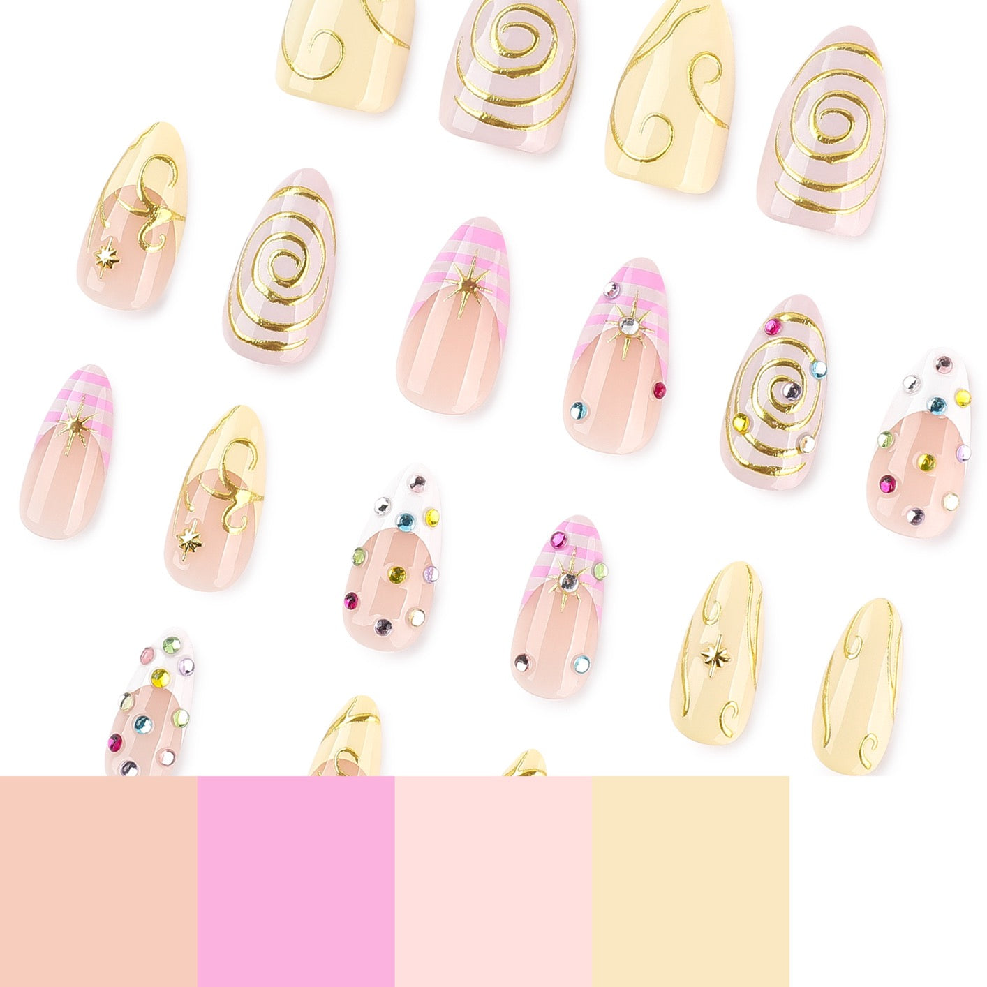 Dreamy Pastel Star Press On Nails – Handmade Pink & Yellow Kawaii Nail Set with Rhinestones