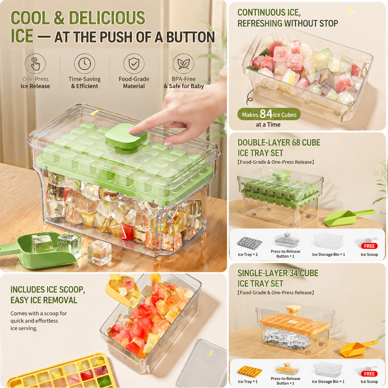Large Ice Cube Tray with Storage Box – Easy Release Ice Maker, BPA-Free Ice Cube Container with Scoop for Kitchen & Drinks