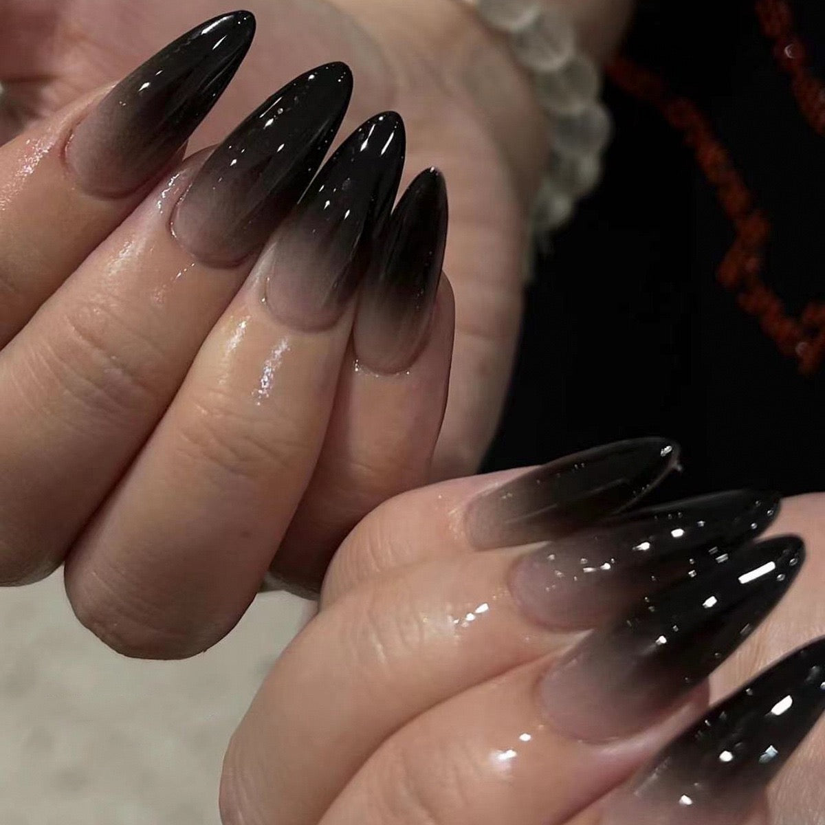 Midnight Shadow Gothic Press On Nails – Black Gradient Stiletto Luxury Fake Nail Set