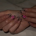 Leopard French Tip Press On Nails with 3D Pink Flowers | Glossy Almond Reusable False Nails