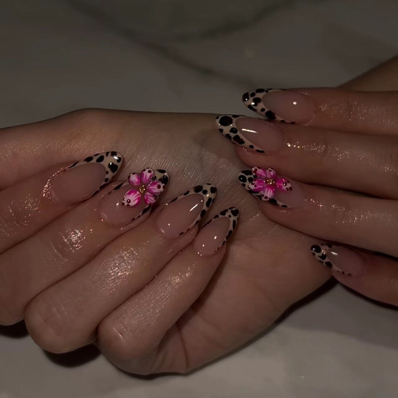 Leopard French Tip Press On Nails with 3D Pink Flowers | Glossy Almond Reusable False Nails