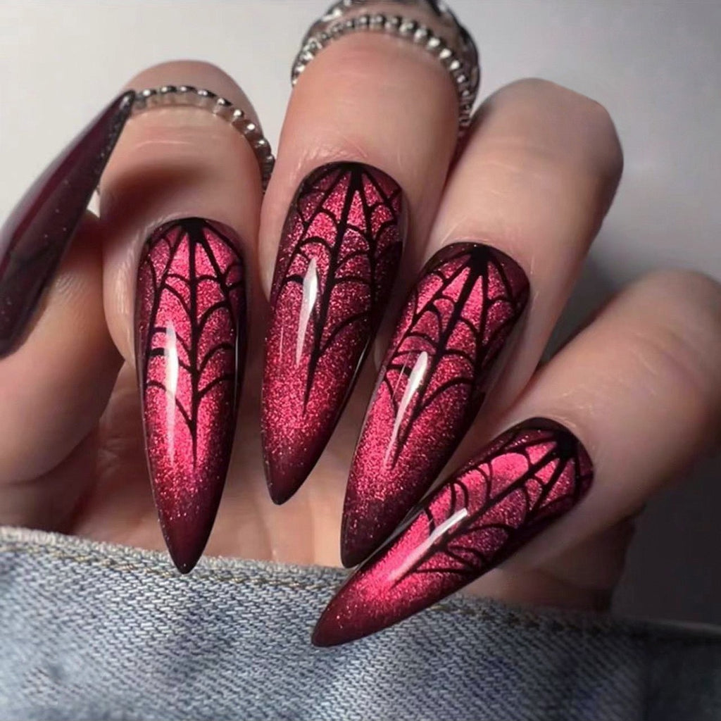 Crimson Midnight Gothic Press On Nails | Dark Red Spider Web Stiletto False Nails