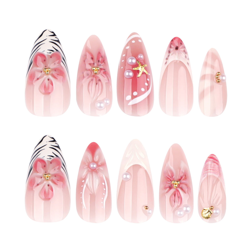 Cherry Blossom Beach Press-On Nails | Handmade 3D Floral Shell Almond Nails | Luxury Reusable Pink Vacation Nail Set
