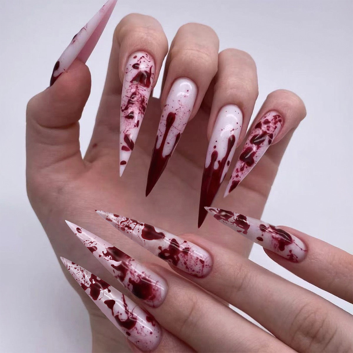 Blood Rose Gothic Press On Nails – Red Marble Stiletto Fake Nails | Dark Romance Nail Set