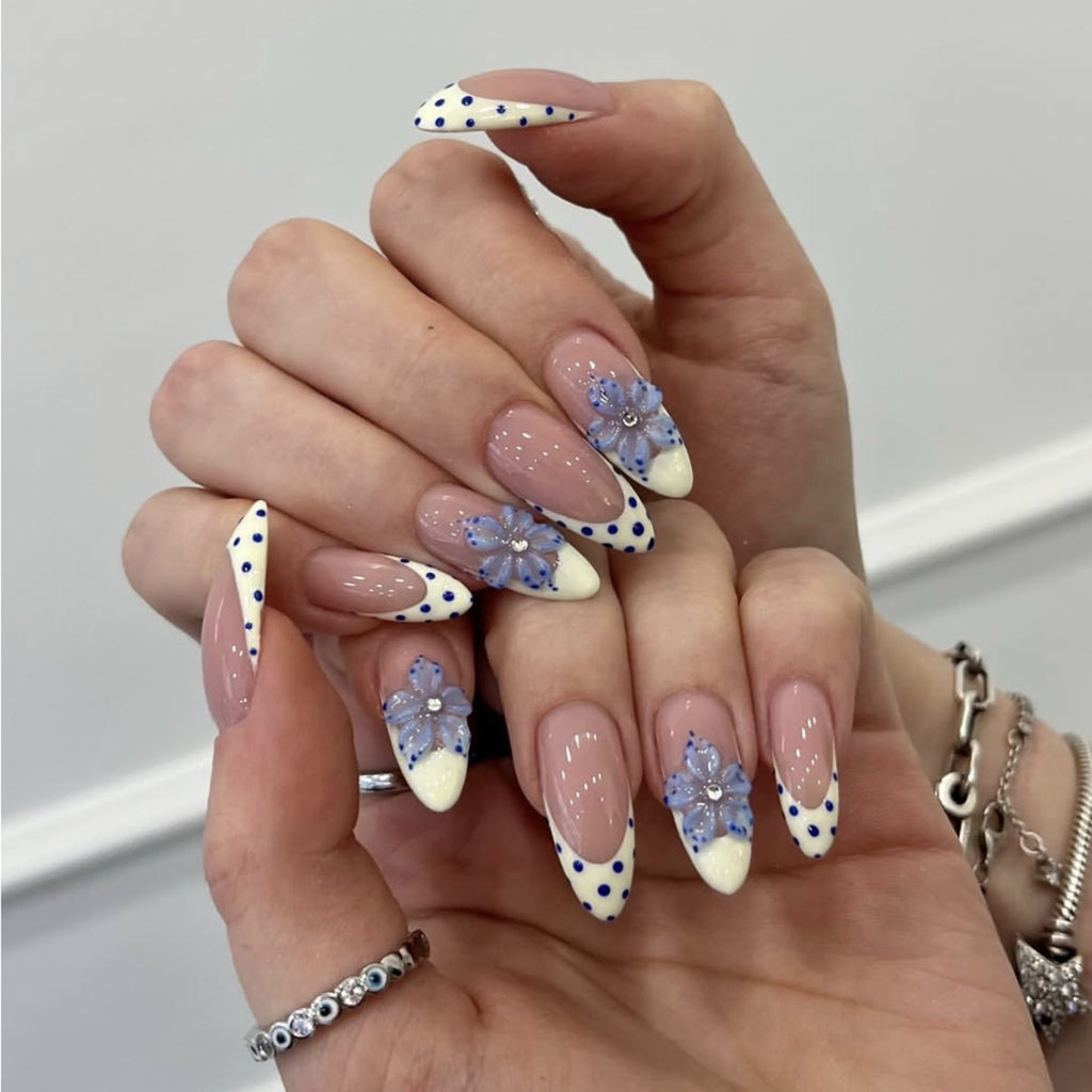 Blue Floral French Tip Press-On Nails | Handmade 3D Hydrangea Almond Nails | Luxury Reusable Coastal Summer Nail Set