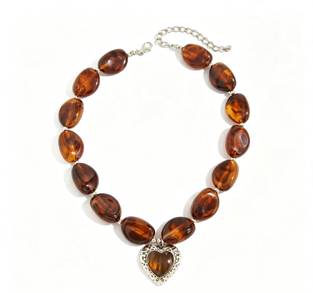 Tortoiseshell Brown Beaded Heart Pendant Necklace – Vintage Statement Jewelry for Women