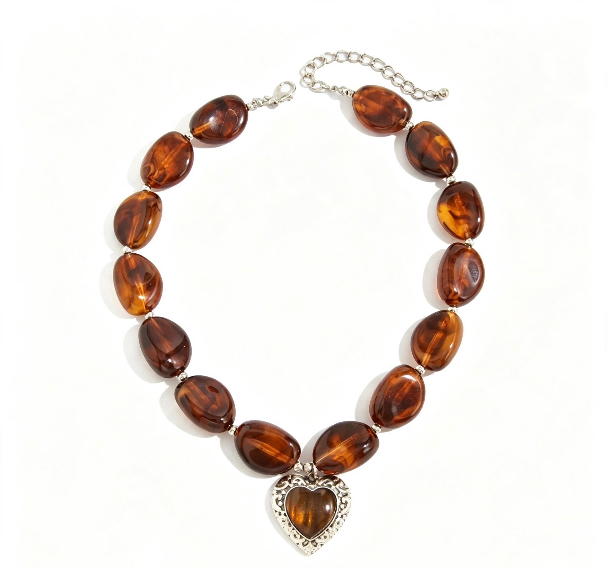 Tortoiseshell Brown Beaded Heart Pendant Necklace – Vintage Statement Jewelry for Women
