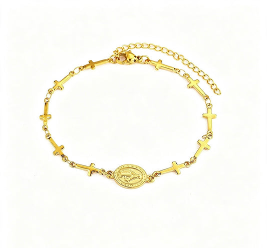 Gold Cross Charm Bracelet for Women – Minimalist Religious Layered Chain Bracelet, Dainty Faith Jewelry Gift