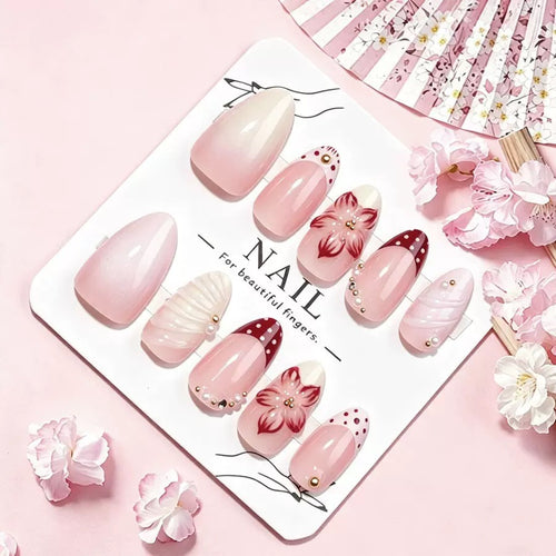 Cherry Blossom Press-On Nails – Glossy Almond French Tips with Hand-Painted Floral Art & Pearls