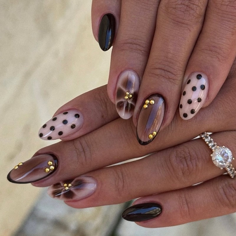 Mocha Bloom Press-On Nails – Glossy Almond French Tips with Tortoiseshell Floral Art