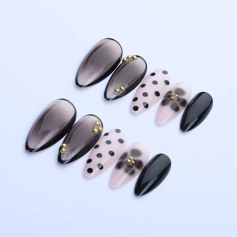 Mocha Bloom Press-On Nails – Glossy Almond French Tips with Tortoiseshell Floral Art