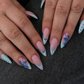 Blue Butterfly Press-On Nails – Glossy Almond French Tips with Hand-Painted Butterfly Art