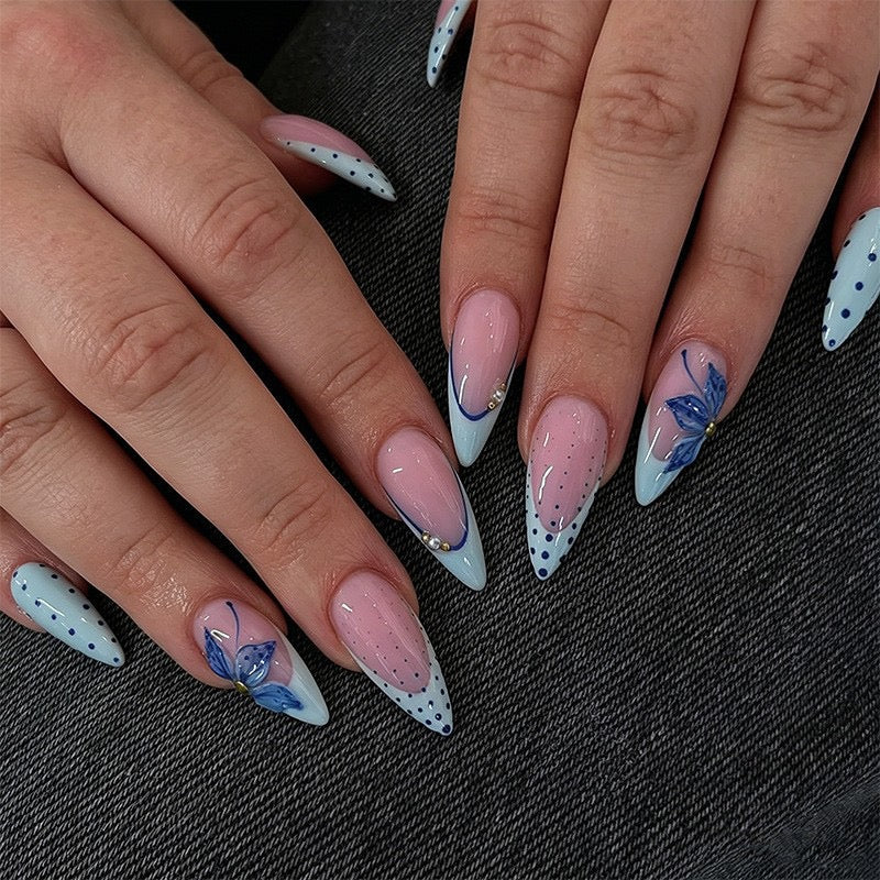 Blue Butterfly Press-On Nails – Glossy Almond French Tips with Hand-Painted Butterfly Art