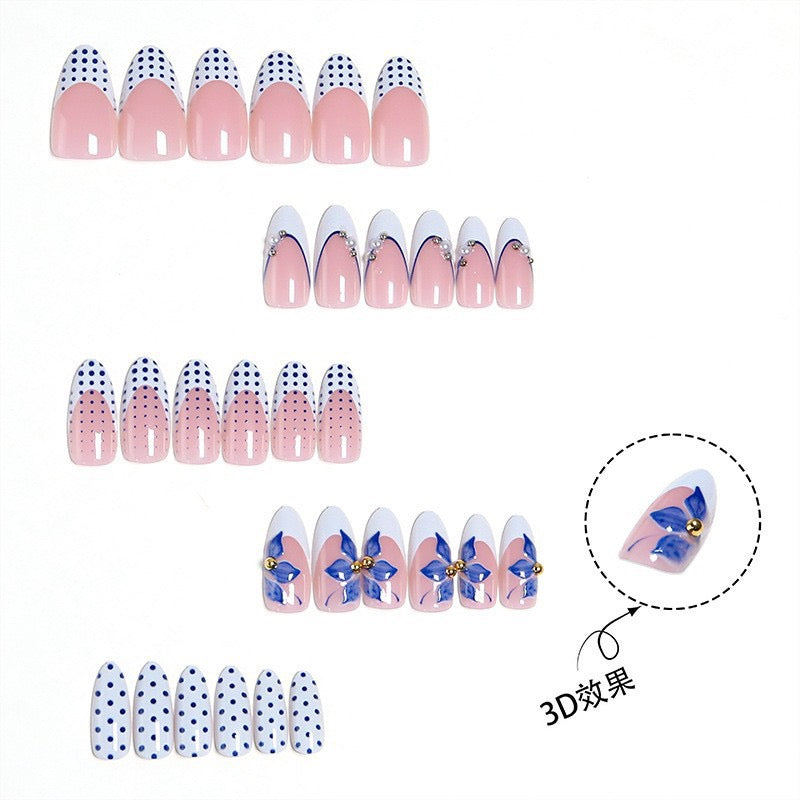 Blue Butterfly Press-On Nails – Glossy Almond French Tips with Hand-Painted Butterfly Art
