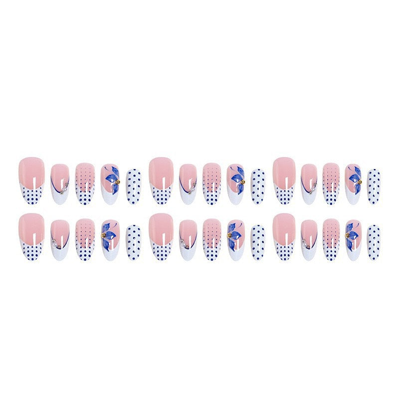 Blue Butterfly Press-On Nails – Glossy Almond French Tips with Hand-Painted Butterfly Art