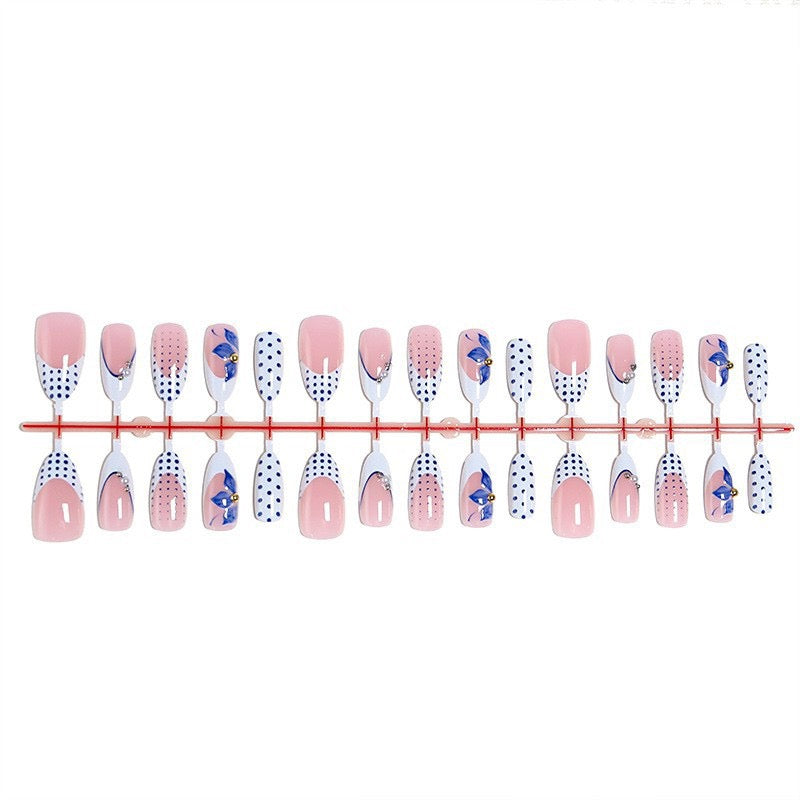 Blue Butterfly Press-On Nails – Glossy Almond French Tips with Hand-Painted Butterfly Art