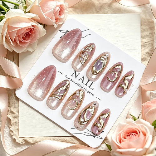 Champagne Cat Eye Press-On Nails – Glossy Almond Nails with Gold Chrome & Pearl Accents